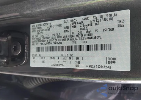 2025 Ford F-150 Xlt из США, поврежденный, VIN 1FTFW3L56SKE63558